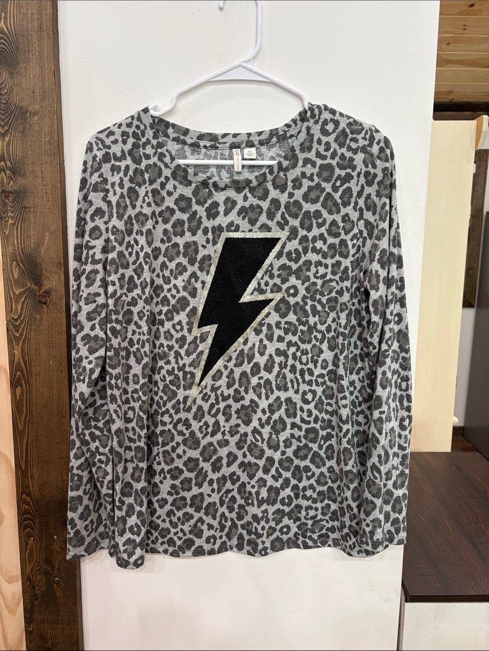 Cato Gray Leopard Print Long Sleeve Top with Dark Gray Spots